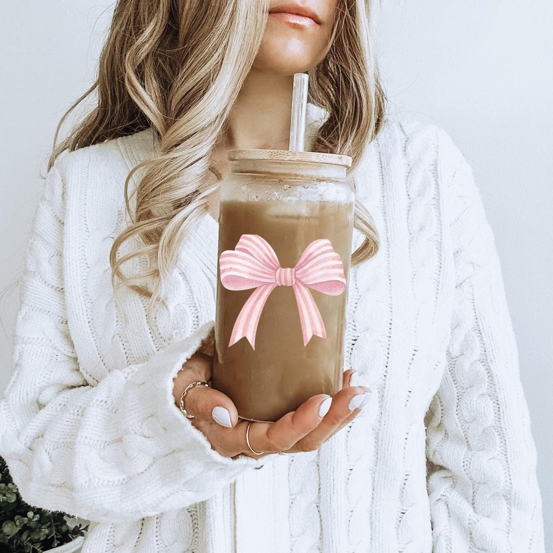 Coquette Pink Bow Glass Can Tumbler - 16oz Sipper Cup for Women, Cute ...