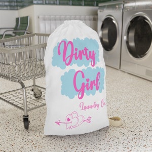 Dirty Girl Drawstring Shoulder Strap Large Laundry Bag - Cute, Funny, Gift for Her, College Dorm Essential, Feminine
