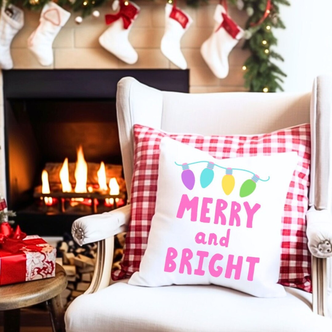 Merry and Bright Christmas Lights Square Pillow, Pink Christmas Throw