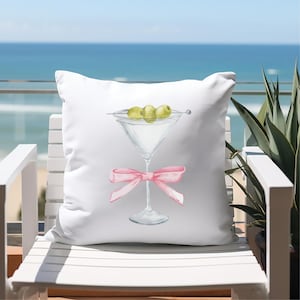 Martini Pink Bow Coquette Pillow, Square Cushion for Bedroom Decor, Bow Tie Accent Throw Pillow, Pink Martini Decorative Pillow, Coquette