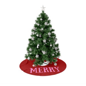 Merry Pink & Red Block Christmas Tree Skirt, Pink Christmas Decor, Pastel Christmas Tree Skirt, Pink Merry Christmas Decor