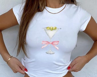 Martini Pink Bow Baby Tee: Cocktail Lover Organic Cotton Shirt
