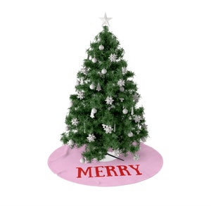 Christmas Tree Skirt, Pink with Red &quot;Merry&quot; Design - Holiday Decor, Festive Xmas Decoration, Seasonal Home Accent, Traditional Tree Skirt