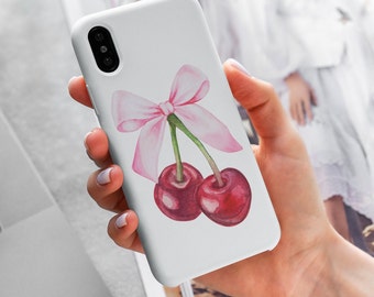 Kirschen Pink Bow iPhone Hülle, süße Kirschen Print Phone Cover, Schutzhülle Tough Case, Geschenk für sie, Pink Bow Design, Hard Shell Case