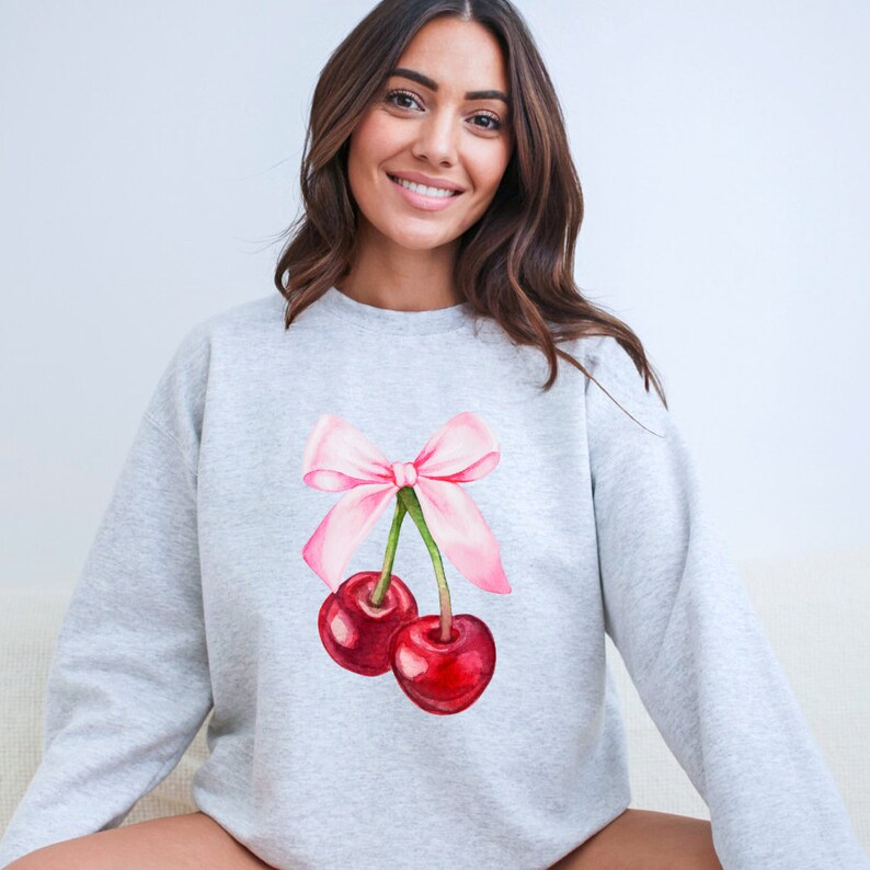 Pink Bow Cherries Sweatshirt, Pink Bow Crewneck Sweatshirt, Coquette