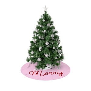 Christmas Tree Skirt, Pink Merry Script Holiday Decor, Pastel Xmas Tree Mat, Festive Seasonal Decoration, Unique Winter Home Accent, Soft