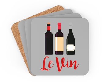 Le Vin Wine Coaster Set, Cork Backed, Wine Lovers Gift