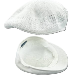 May include: A white knitted  cap with a flat top and a curved brim. The cap is made of a breathable material and has a mesh design.