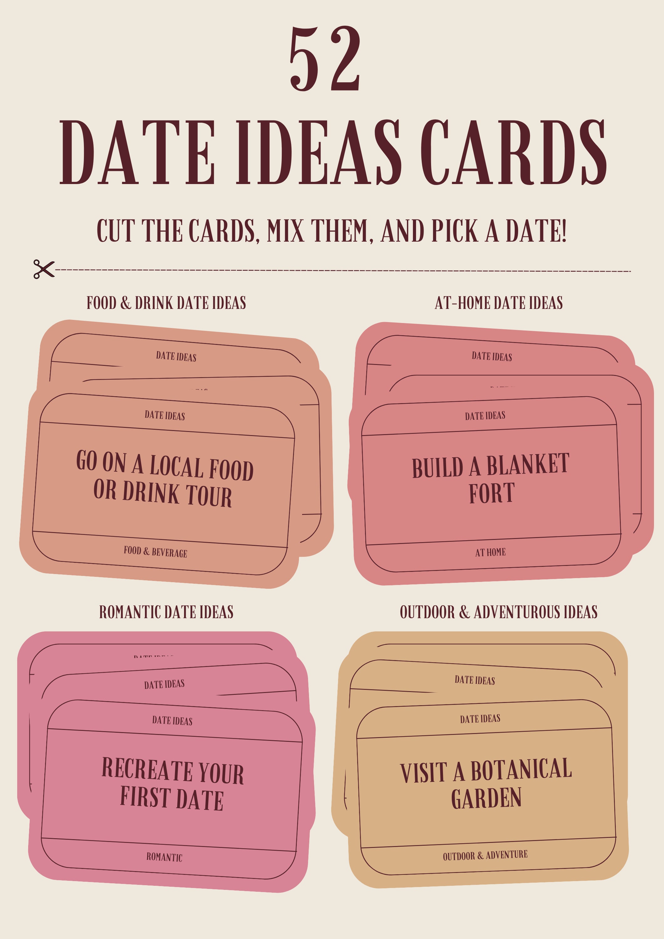 52 Printable Date Ideas Cards A Year of Date Idea Cards Weekly Date
