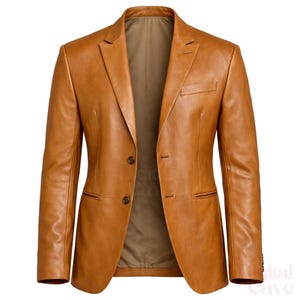 May include: A tan leather blazer with a two-button closure and a notched lapel. The jacket has a chest pocket and two side pockets. The interior lining is a light brown color. The blazer is a classic style.