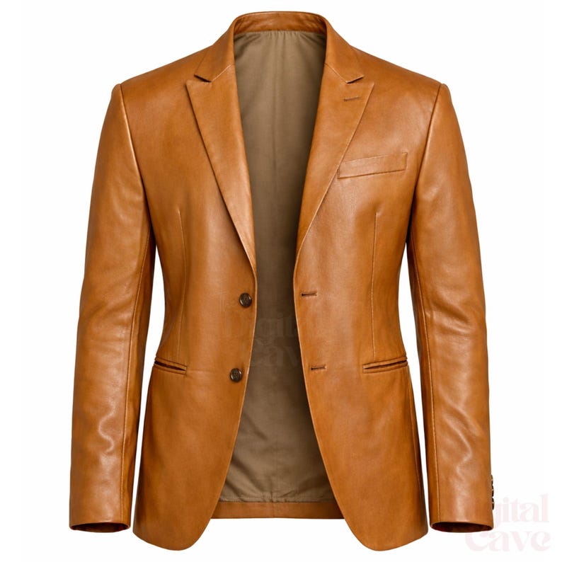 May include: A tan leather blazer with a two-button closure and a notched lapel. The jacket has a chest pocket and two side pockets. The interior lining is a light brown color. The blazer is a classic style.