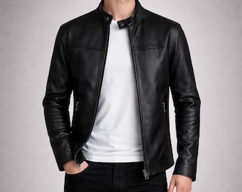 Men's Black Real Leather Stand Collar Cafe Racer Jacket