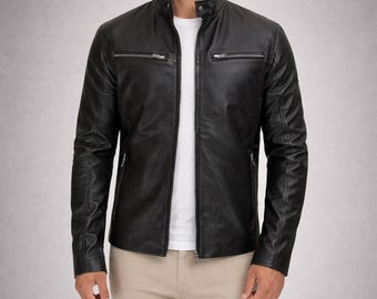 Men's Black Lambskin Leather Cafe Racer Jacket