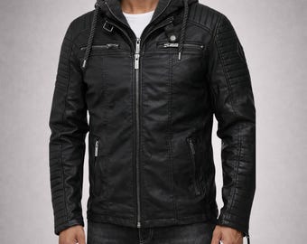 Mens Lambskin Leather Biker Jacket – Hooded Moto Bomber, Vintage Style
