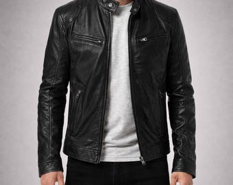 Men’s Black Lambskin Biker Jacket Genuine Leather