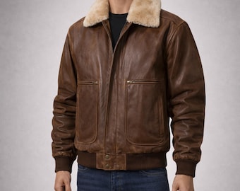 Mens Aviator Genuine Leather Jacket with Removable Faux Fur Collar – Classic Bomber Style