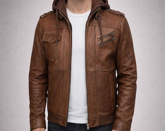 Men’s Brown Quilted Lambskin Leather Bomber Jacket – Removable Hood