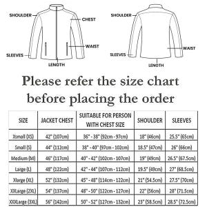 May include: Diagram of a jacket with labeled sections: shoulder, chest, waist, sleeves, and length. A size chart is included, detailing jacket chest, suitable chest size, shoulder, and sleeve measurements in inches and centimeters. Text reads: "Please refer the size chart before placing the order."