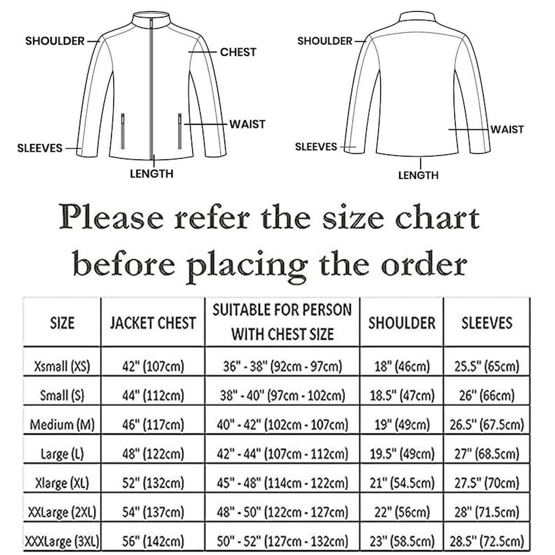 May include: Diagram of a jacket with labeled sections: shoulder, chest, waist, sleeves, and length. A size chart is included, detailing jacket chest, suitable chest size, shoulder, and sleeve measurements in inches and centimeters. Text reads: "Please refer the size chart before placing the order."