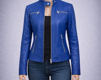 Blue Leather Moto Jacket - Women's Slim Fit Biker Coat