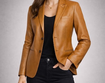 Brown Lambskin Leather Blazer - Women's Two-Button Jacket