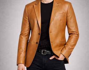 Brown Real Lambskin Mens Leather Blazer - Casual 2 Buttons Leather Jacket for Men