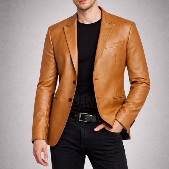 Brown Real Lambskin Mens Leather Blazer - Casual 2 Buttons Leather Jacket for Men