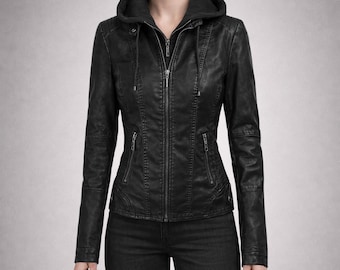 Women's Faux Leather Moto Biker Jacket Coat with Removable or Non-Removable Hood