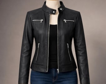Slim Fit Leather Moto Jacket – Women's Biker Coat