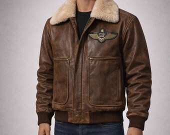 Mens Genuine Leather Aviator Jacket with Removable Faux Fur Collar – Classic Bomber Style