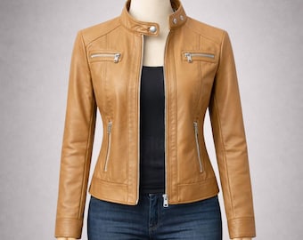 Slim Fit Leather Moto Jacket – Women's Biker Coat