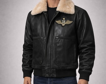 Mens Genuine Leather Aviator Jacket with Removable Faux Fur Collar – Classic Bomber Style, Black