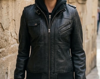 Quilted Lambskin Leather Bomber Jacket - Women's Black Detachable Hood