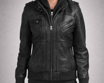 Quilted Lambskin Leather Bomber Jacket - Women's Black Detachable Hood