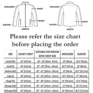 May include: Diagram of a jacket with labeled sections: shoulder, chest, waist, sleeves, and length. A size chart is included, detailing jacket chest, suitable chest size, shoulder, and sleeve measurements in inches and centimeters. Text reads: "Please refer the size chart before placing the order."