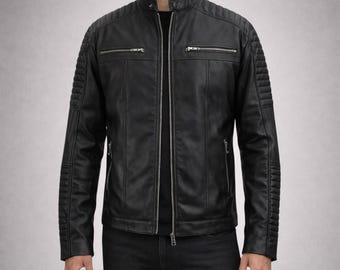 Mens Black Leather Motorcycle Jacket with Removable Hood