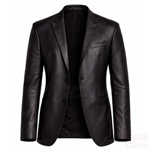 May include: A black leather blazer with a classic two-button closure, notched lapels, and a chest pocket. The jacket has long sleeves and a tailored fit, suitable for formal or semi-formal occasions.