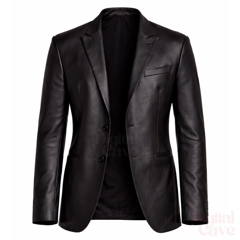 May include: A black leather blazer with a classic two-button closure, notched lapels, and a chest pocket. The jacket has long sleeves and a tailored fit, suitable for formal or semi-formal occasions.