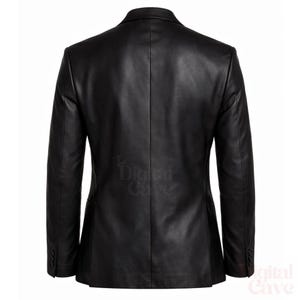 May include: A black leather blazer with a classic two-button closure. The jacket features a notched lapel, long sleeves, and a tailored fit. The Digital Cave logo is visible on the lower right.