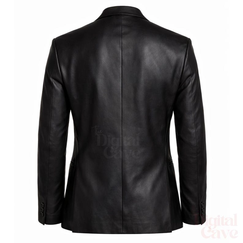 May include: A black leather blazer with a classic two-button closure. The jacket features a notched lapel, long sleeves, and a tailored fit. The Digital Cave logo is visible on the lower right.