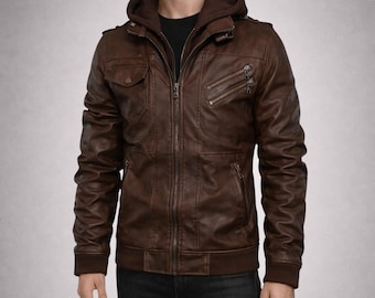 Mens Brown Leather Motorcycle Jacket with Removable Hood