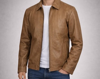 Men's Camel Lambskin Leather Cafe Racer Jacket
