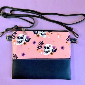 Pink Skulls and Mushrooms Crossbody Purse | Black Vegan Faux Leather | Whimsigoth Spooky Girl Glam Punk Rock Emo Goth