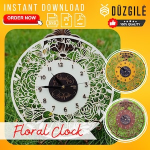 Puede incluir: Un reloj floral blanco con una esfera negra y el texto "stailijos" y "Ziedynáv" en cursiva. El reloj está rodeado de un diseño floral decorativo. El reloj está sobre un soporte de madera y se coloca sobre un fondo verde.