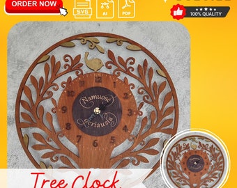 Tree Clock Laser Cut File, Wall Art SVG, DIY Home Decor, Glowforge Bird Heart Pattern, Instant Download PDF, Ai