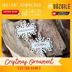 Personalized Christmas Ornament Svg Glowforge Files - Customizable Snowflake Christmas Tree Ornament Svg - Family Ornament Laser Cut Files