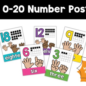 K&ouml;nnte beinhalten: Farbige Zahlenposter zum Lernen des Z&auml;hlens von 0 bis 20 f&uuml;r Kinder. Jedes Poster zeigt eine Zahl, die Wortform, einen Zehnerrahmen und Fingerz&auml;hlbilder.