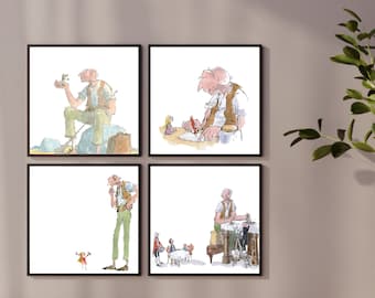 May include: A set of four framed art prints with watercolour illustrations. The artwork shows a giant character in different scenes, such as writing, looking at a small figure, and interacting with others. The illustrations have a whimsical style with soft colours and black frames.
