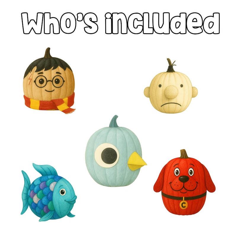 May include: Illustration featuring pumpkin characters: Harry Potter, a sad-faced pumpkin, a blue bird, a colorful fish, and a red dog. The text "Who's included" is at the top. The image has a whimsical, cartoonish style.