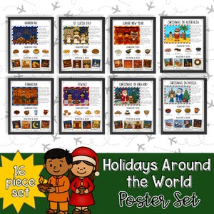 May include: A set of 8 framed posters featuring holiday celebrations around the world. Each poster includes illustrations and text about Hanukkah, St. Lucia Day, Lunar New Year, Christmas in Australia, Ramadan, Diwali, Christmas in England, and Christmas in Russia.